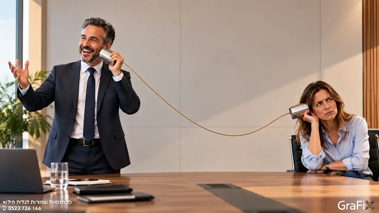 מנהל בחליפה צוחק ומדבר לתוך פחית מחוברת בחוט לפחית שמחזיקה עמיתה בצד השני של שולחן ישיבות, והיא מקמטת מצח בבלבול. טלפון שבור במשרד.