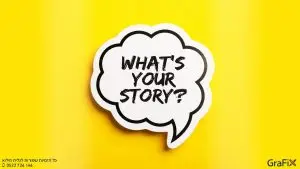 בועת דיבור לבנה על רקע צהוב עם הכיתוב What’s your story? ("מה הסיפור שלך?"), סטוריטלינג עסקי